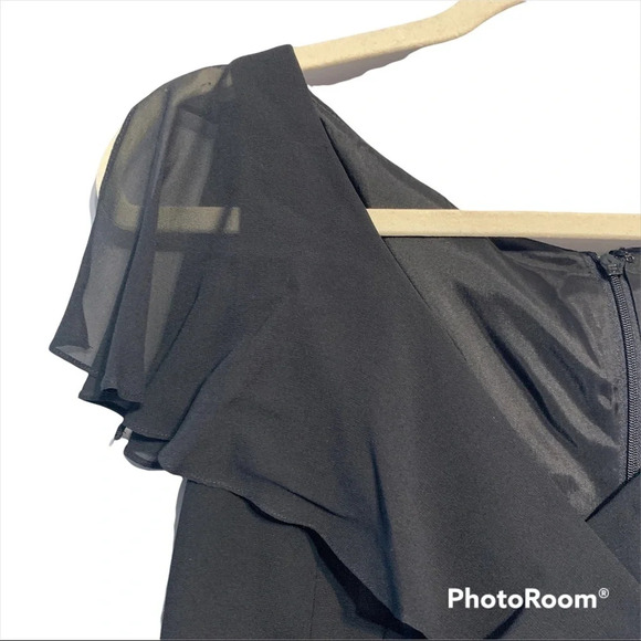 Liz Claiborne Black Sheer Ruffle V-Neckline Dress Size 6 - Picture 5 of 8